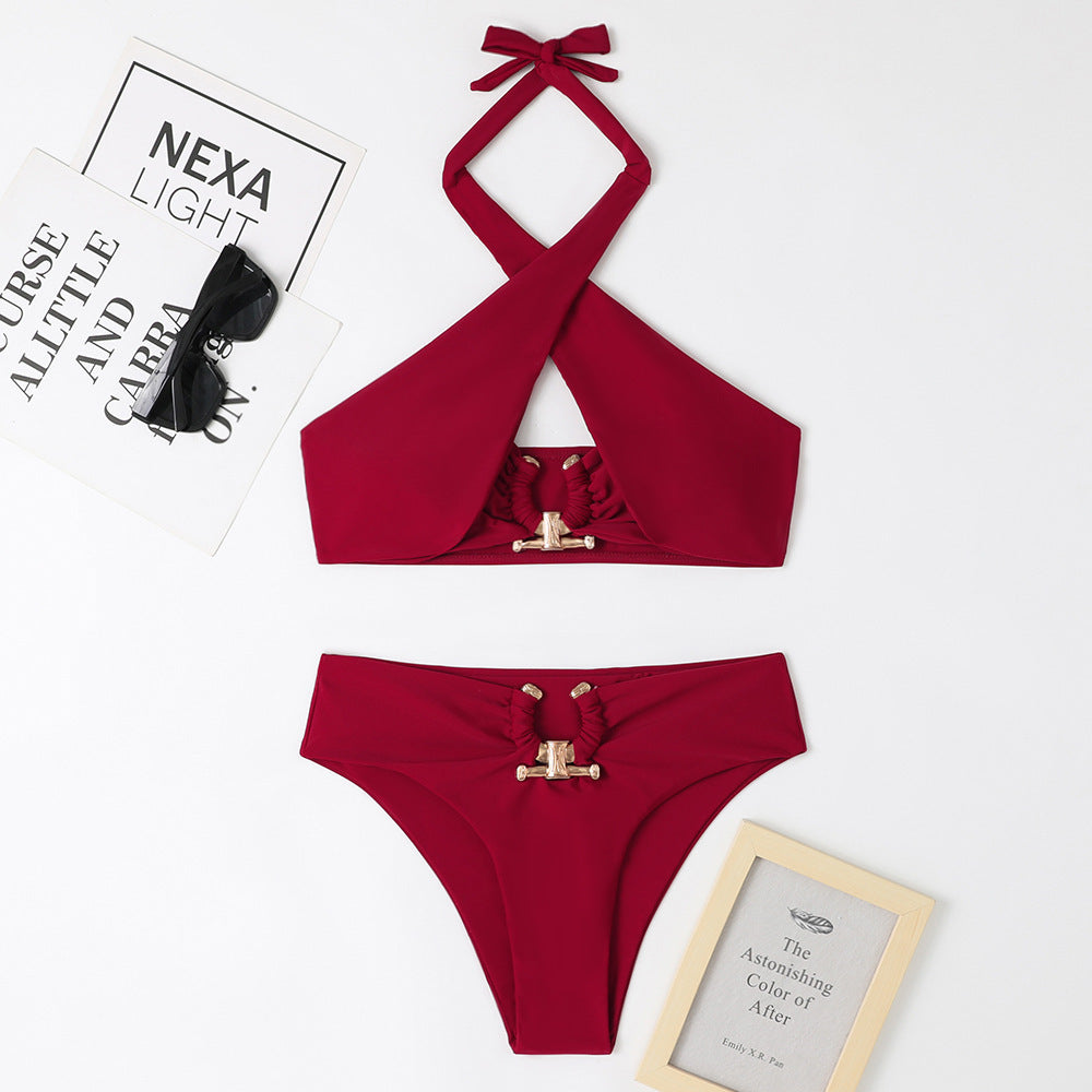 High Waist Briefs Cross-halter neck Swimsuit w/Gold Accessories