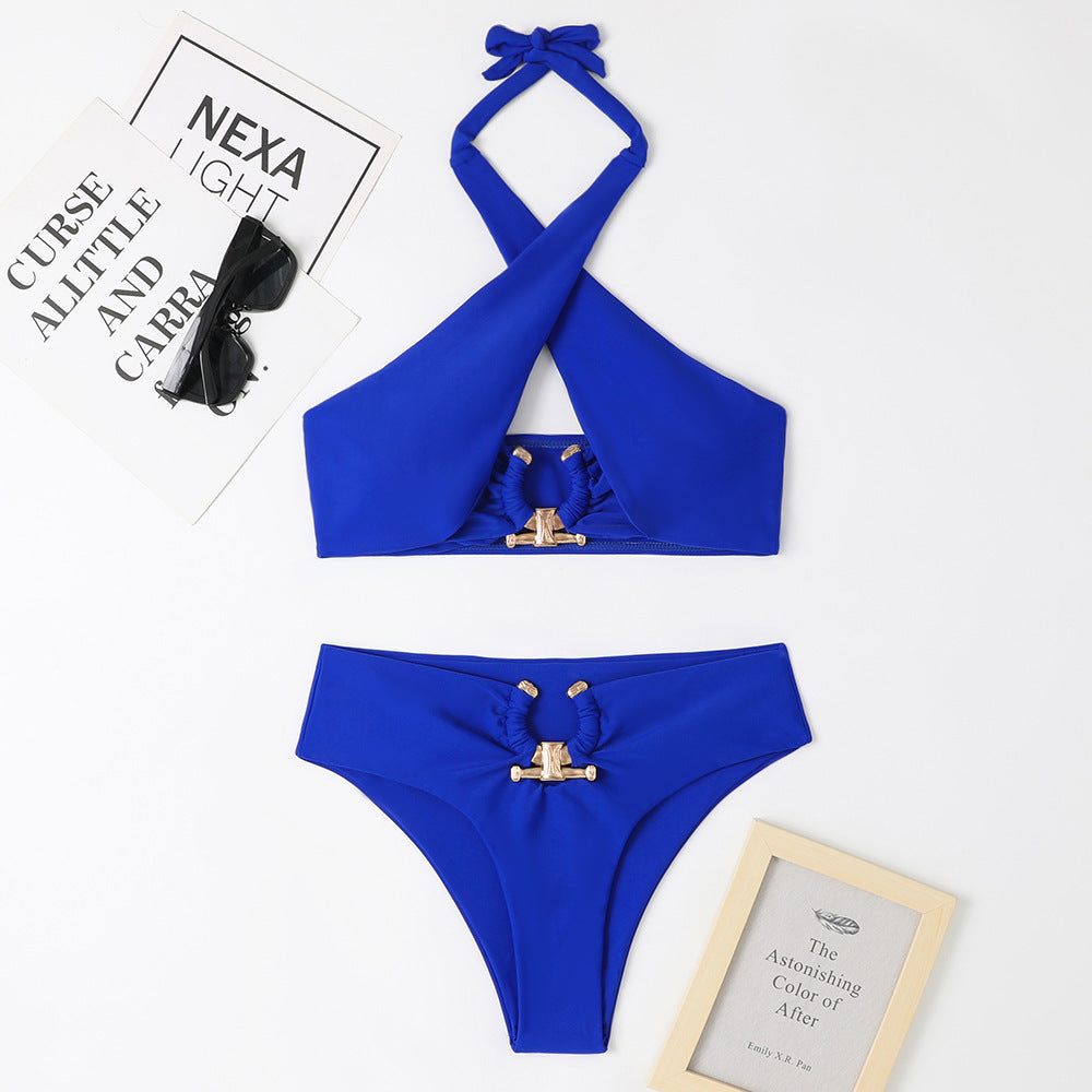 High Waist Briefs Cross-halter neck Swimsuit w/Gold Accessories