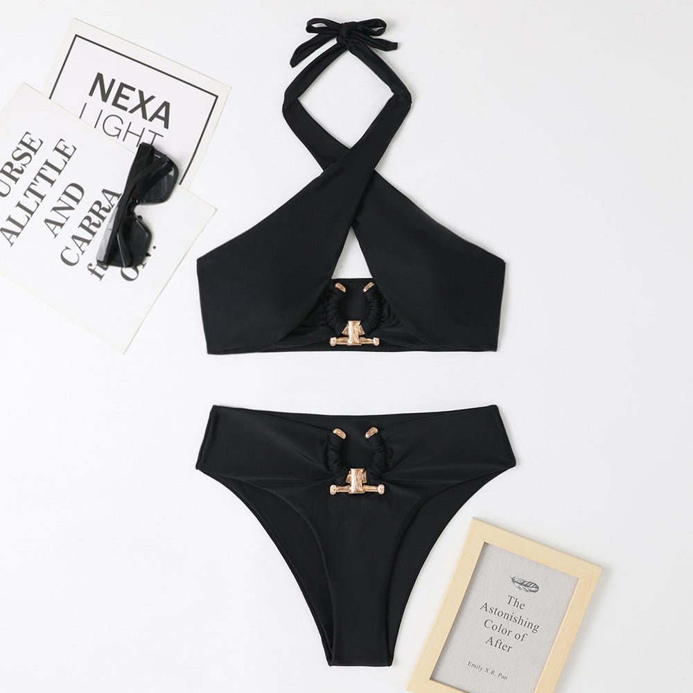 High Waist Briefs Cross-halter neck Swimsuit w/Gold Accessories