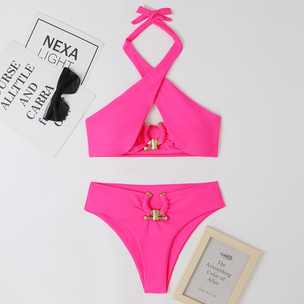 High Waist Briefs Cross-halter neck Swimsuit w/Gold Accessories