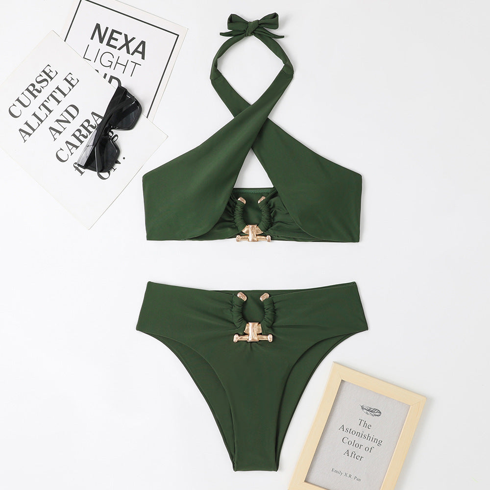 High Waist Briefs Cross-halter neck Swimsuit w/Gold Accessories